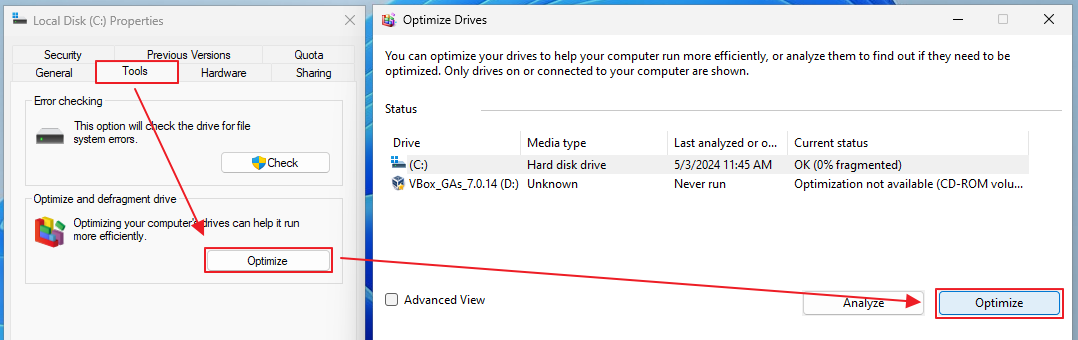 Windows Optimize and Defragment - Optimize