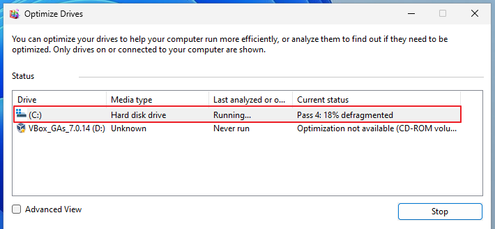Windows Optimize and Defragment - Running