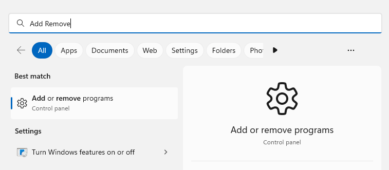 Search > Add/Remove Programs