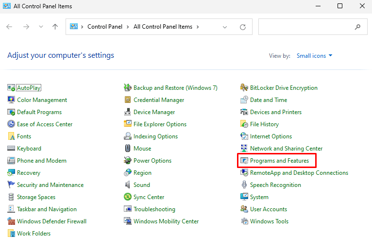 Control Panel > Program Features